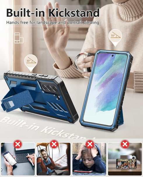 for Samsung Galaxy S21-FE Phone Case: Dual-Layer Military Grade Drop Proof Full Protection Cover with Kickstand | Durable Rugged Shockproof TPU Ma...