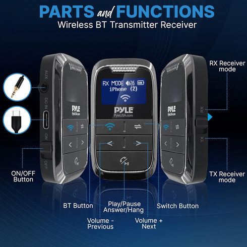 PyleUsa Wireless Bluetooth Streaming Transmitter Receiver - 2-in-1 Audio Adapter for Home Appliances, Car, and Other Uses LCD Display, and AUX Aud...