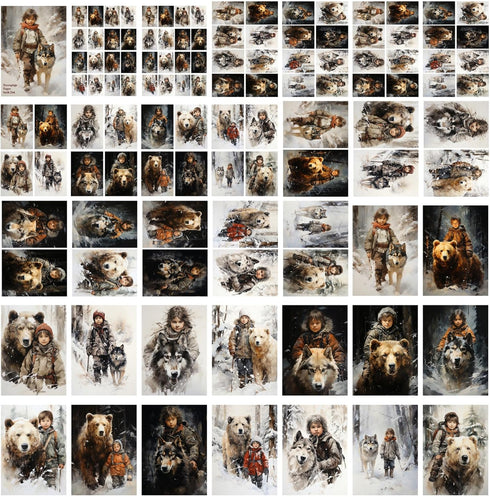 Decoupage Paper Pack (35 Sheets 6"x8") Brave Boys Walking Through Snowy Forests with Massive Bears and Wolves FLONZ Vintage Illustration Pictures ...