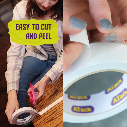 ATack Clear Double-Sided Tape, 1 Inch x 20 Yards (3-Pack), Tear by Hand, Wall Safe Heavy Duty Double Sides Self Sticky Wall Fabric Tape for Wood T...