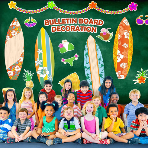 4 Pcs Summer Giant Surfboards Bulletin Board Display Set 47 x 13 Inch Surfing Bulletin Board Cutouts Tropical Graphics Surfboard Sign for School C...