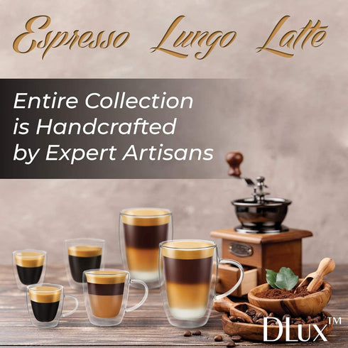 DLux Lungo 5.4oz Coffee Cups Double Wall, Clear Glass set of 2 Glasses with Handles, Insulated Borosilicate Glassware Tea Cup...