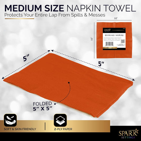 100 Pack Orange Beverage Napkins, Big Party Pack, 2 Ply, Ideal for Wedding, Party, Birthday, Dinner, Lunch, Cocktails. (5” x 5”) by Amcrate...