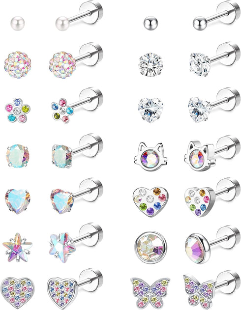 LOYALLOOK 14Pairs Hypoallergenic Screwback Earrings for Women Tiny CZ Pearl Ball Heart Flower Screw Back Earring Studs 316L Stainless Steel Stud E...