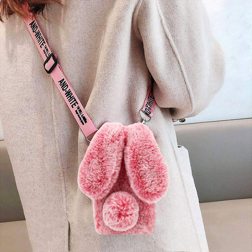 3D Bunny Ears Plush Case for iPod Touch 5/6 / 7 with Crossbody Strap, Winter Warm Handmade Bling Diamond Soft Rabbit Fluffy Furry Fur Shockproof P...