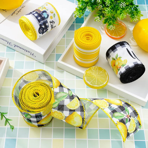Lemon Wired Edge Ribbon 24 Yards Summer Yellow Lemons Truck Craft Ribbon Buffalo Plaids Farmhouse Fabric Ribbon for Wreath Bow Making DIY Crafts W...