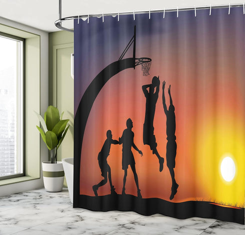 Ambesonne Teen Room Shower Curtain, Boys Playing Basketball at Sunset Horizon Sky Dramatic Scenery, Cloth Fabric Bathroom Decor Set with Hooks, 69...