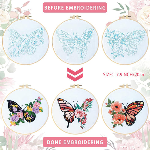 Yinder 5 Sets Embroidery Beginners Kit with Butterfly Flower Patterns and Instructions Cross Stitch Kits for Starter DIY Adult Kids Butterfly Patt...