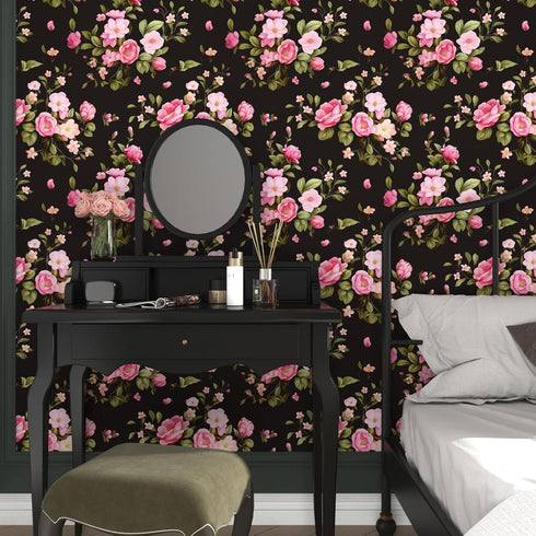Black Floral Wallpaper Peel and Stick Wallpaper Vinyl Wallpaper Stick and Peel Pink Floral Contact Paper for Cabinets Waterproof Self Adhesive Wal...