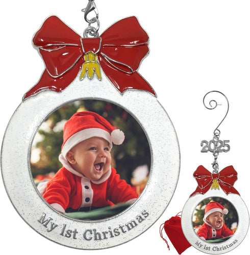 Baby's 1st Christmas Photo Ornament with a 2025 Charm - Shaped Like a Bulb with White Glitter and A Red Bow Design - Gift-Storage Bag Included - 3...