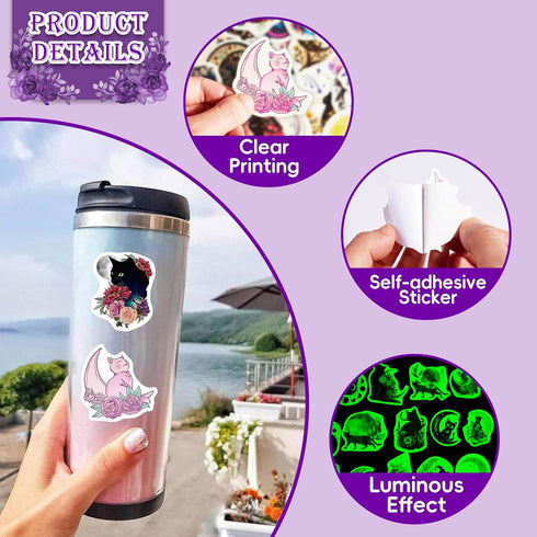 52 Pcs Moon and Cat Stickers Glow in The Dark, Vinyl Black Cats Water Bottle Sticker Pack for Teens, Waterproof Skateboard Laptop Decals for Adult...