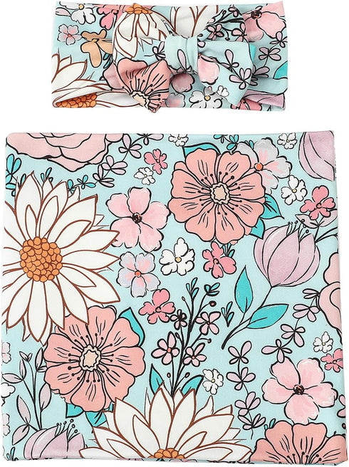 Galabloomer Newborn Receiving Blanket Headband Set Baby Flower Swaddle (blue glass)...