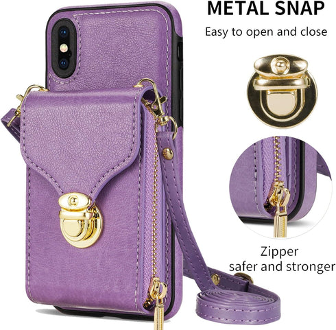 Compatible with iPhone Xs Max Wallet Case Crossbody Strap Leather Zipper Credit Card Holder Clasp Stand Cell Accessories Phone Cover for i X XR Xs...