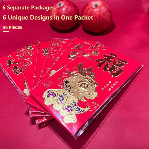 36Pcs Chinese New Year Red Envelopes 2024, Lunar New Year of The Dragon Red Envelopes with 6 Unique Gold Embossed Designs, Lucky Money Red Packets...