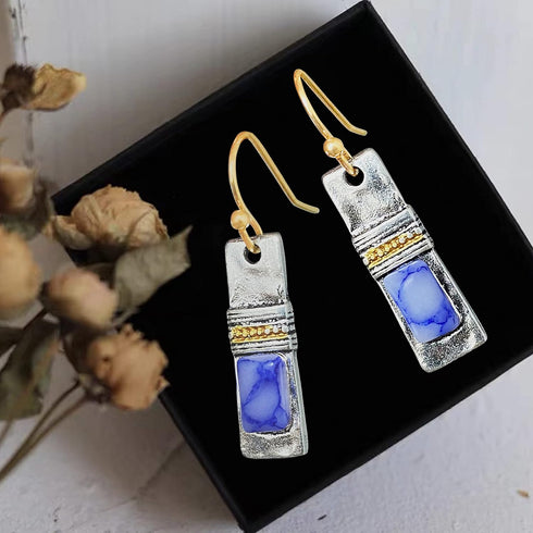 Unique Handmade Bohemian Enamel Vintage Matt Silver Bar Dangle Earrings Chic Round Blue Gemstone Geometric Square Drop Earrings for Women Statemen...
