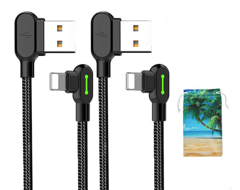(2 Pack + iPhone Bag) USB 90 Degree Right Angle Design Gaming iPhone LED Nylon Braided Sync Charge New USB Reversible Data 6FT/1.8M Cable Compatib...