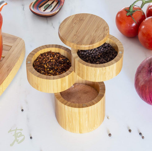 Totally Bamboo Triple Salt Cellar, 3 Tier Bamboo Kitchen Salt and Pepper Storage Box with Magnetic Swivel Lids...