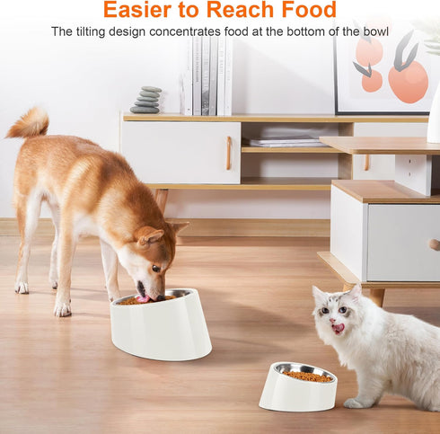 Tilted Angle Dog Bowl, 15° Slanted Stainless Steel Dog Cat Food Bowl, Non-Slip & Non-Spill Pet Feeder with Elevated Detachable Melamine Stand, Eas...