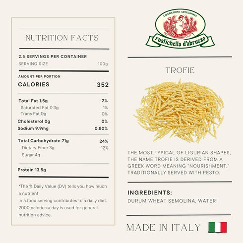 Rustichella d'Abruzzo Trofie Pasta - Authentic Italian Durum Wheat Semolina, Traditional Ligurian Shape for Pesto, Soups & Cold Dishes - 250g Bag ...