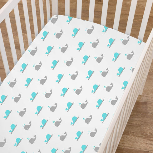 American Baby Company Fitted Crib Sheet 28" x 52", Soft Breathable Neutral 100% Cotton Jersey Sheet, Aqua Whales, for Boys and Girls, Fits Crib an...
