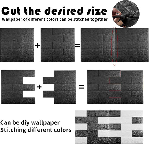 10 PCS Black 3D Wall Panels, 14.5 sq.feet Coverage, Printable Wallpaper Sticker with Self-Adhesive Waterproof Brick PE Foam Wall Panels Peel and S...