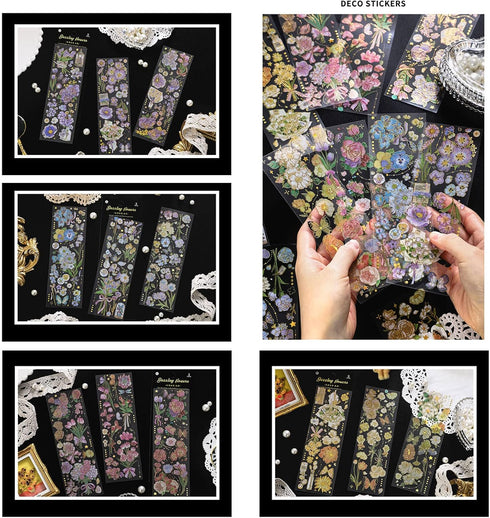 Vintage Flowers Stickers Set for Journaling - Maxleaf 12Sheets Clear Waterproof 3D Flowers Scrapbook Supplies Gold Foil Stickers Pack for Art Bull...