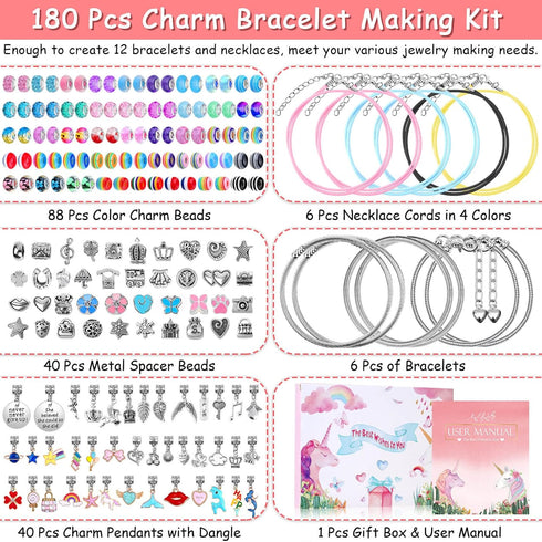 180 Pcs Unicorn Mermaid Crafts Charm Bracelet Kit for Girls - DIY Jewelry Making Supplies with Beads, Pendants, Cords for Teens...