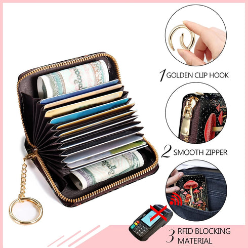 RFID Credit Card Holder Wallets for Women, Small Card Case Wallet with Keychain and Zipper, Mushrooms Leather Card Holder Pocket Business Card Acc...