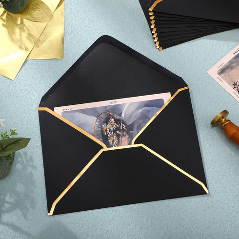 50 Pcs A7 Envelopes 5 x 7 Card Envelopes and 50 Pcs Gold Embossed Wax Seal Envelopes Self Adhesive V Flap Envelopes with Gold Border for Graduatio...
