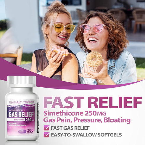 HealthA2Z® Gas Relief Simethicone 250mg | Maximum Strength | Fast Gas Relief | Relieve Symptoms Naturally (200 Softgels (Pack of 1))...