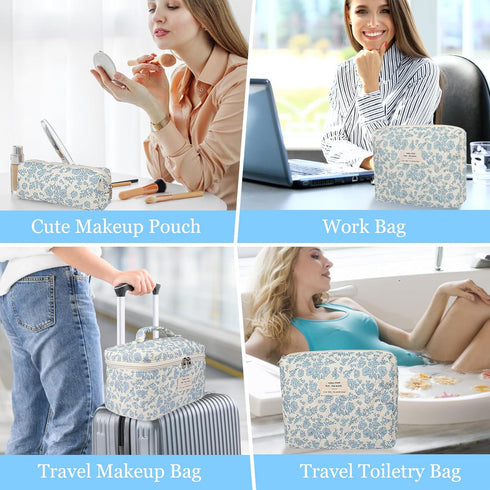 Makeup Bag Set, Quilted Makeup Bag, Large Floral Cosmetic Bag for Women, Cute Cotton Makeup Bag, Flower Travel Toiletry Organizer Bag (Folk Style)...