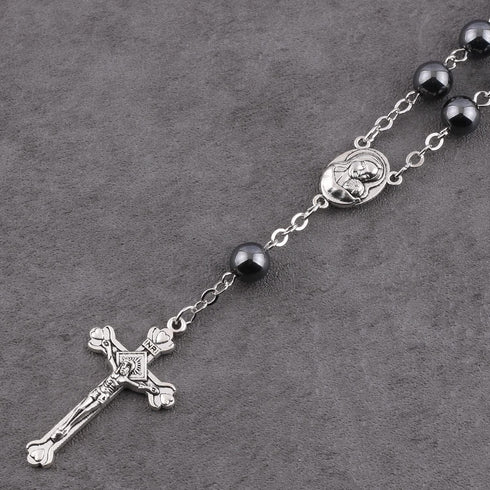Luomu Hematite Beads Auto Rosary, Car Rosary One Decade Catholic Rosary with Clasp, with Terra Jerusalem Medal Centerpiece and Crucifix Medal Hang...
