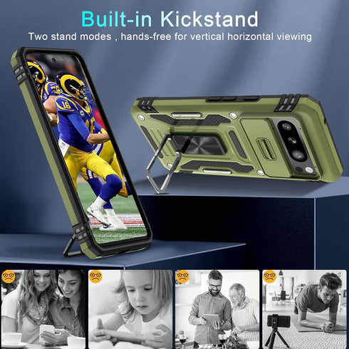 DEERLAMN for Google Pixel 8 Pro Case with Slide Camera Cover+Screen Protector (1 Pack), Rotated Ring Kickstand Military Grade Shockproof Heavy Dut...