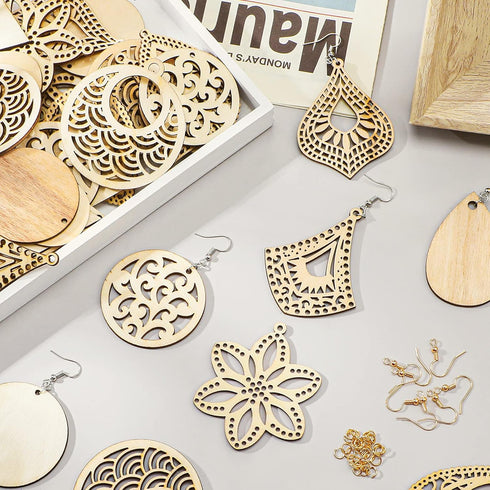 296 Pieces Unfinished Wooden Dangle Earring Set 48 Blank Wooden Pendants Teardrop Earrings with 48 Hooks 200 Jump Rings for DIY Jewelry 10 Styles ...