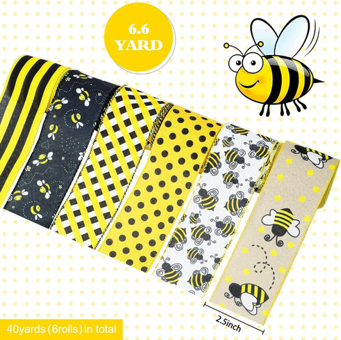 6 Rolls 40 Yards Bee Ribbon Wired Edge Ribbon Honeybee Ribbon for Crafts Wrapping Easter Party Decorations Bee Themed Decorations Bee Baby Birthda...