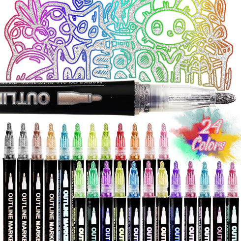 24 Colors Double Line Outline Pens, Outline Markers Self-outline Metallic Markers, Shimmer Marker Set,Glitter Markers Pen Set for Kid Adults Drawi...