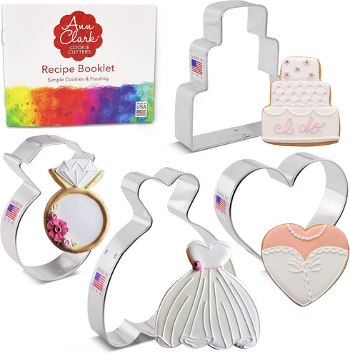 Wedding Cookie Cutters 4-Pc. Set Made in USA by Ann Clark, Wedding Dress, Wedding Cake, Diamond Ring, Heart...