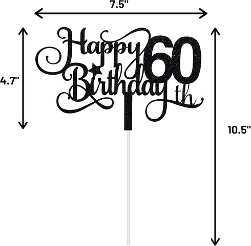 Black Glitter 60th Birthday Cake Topper, Happy 60th Birthday Cake Topper, 60th Birthday Party Decorations...
