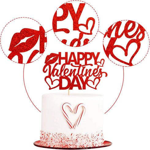 1 Pack Red Happy Valentine's Day Cake Topper Heart Love Cupcake Picks for Cake Decorations Valentine's Wedding Party Holiday Supplies...
