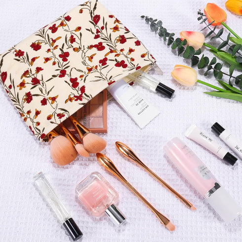 2Pcs Daisy Flower Makeup Bag Travel Cute Cosmetic Bags for Women Large Floral Makeup Pouch Zipper Cosmetic Pouch Set for Purse Aesthetic Corduroy ...