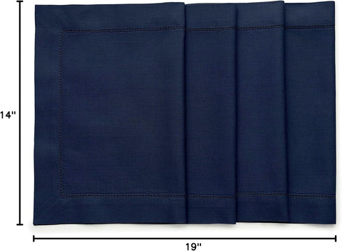Solino Home Navy Placemats Set of 4 - Cotton Linen Hemstitch Placemats 14 x 19 Inch for Summer, Fall...