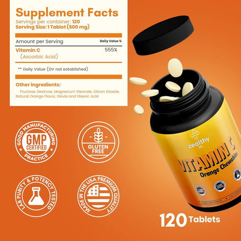 Vitamin C 500mg, Orange Vitamin C Chewable, Immune Support Supplement with Antioxidants, Alternative to Immune Support Gummies...