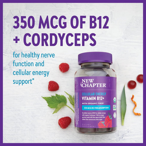 New Chapter® Organic Vitamin B12+ Gummies – 44% Less Sugar§, USDA Organic Vegan B12, TWO Daily Gummies for Cellular Energy Support with Cordyceps,...