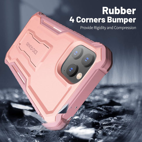 ExoGuard for iPhone 12 Case, Compatible with iPhone 12 Pro, Rubber Shockproof Full-Body Cover with Built-in Screen Protector and Kickstand - Pink...