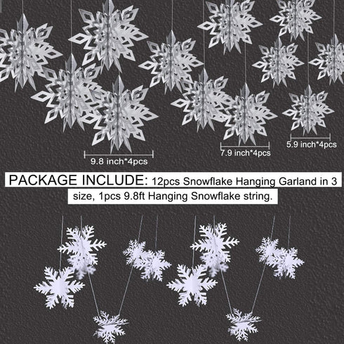 OuMuaMua Winter Christmas Hanging Decorations, 12PCS 3D Large Silver Snowflakes & 12PCS White Paper Snowflakes Hanging Garland for Christmas Winte...