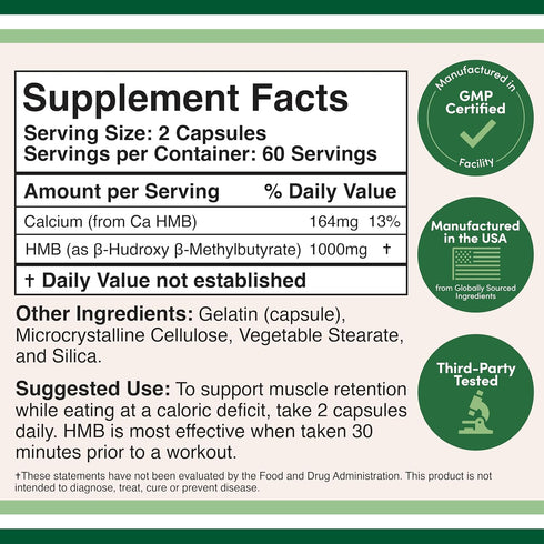 Double Wood Supplements HMB Supplement, Third Party Tested, Non-GMO, Gluten Free, 120 Capsules, 1000mg per Serving, 500mg per Capsule...