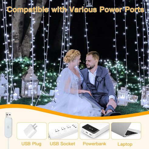 Ollny Curtain Lights 6.6x6.6ft, 200 LED White String Lights with Remote 8 Modes Dimmable Timer, USB Power Fairy Light for Bedroom Backdrop Indoor ...