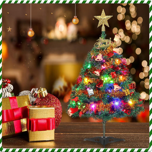 Mini Xmas Tree, 24"/60cm Artificial Small Tabletop Christmas Pine Tree with Ornaments for Holiday Home Office Decoration...