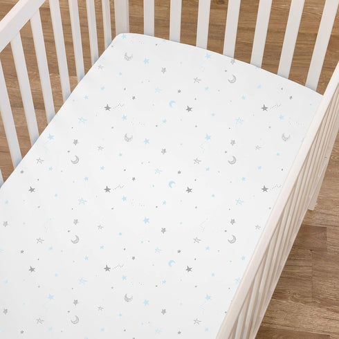 TL Care Fitted Crib Sheet 28" x 52", Soft Breathable Neutral 100% Cotton Jersey Sheet, Blue Stars and Moon, for Boys and Girls, Fits Crib and Todd...