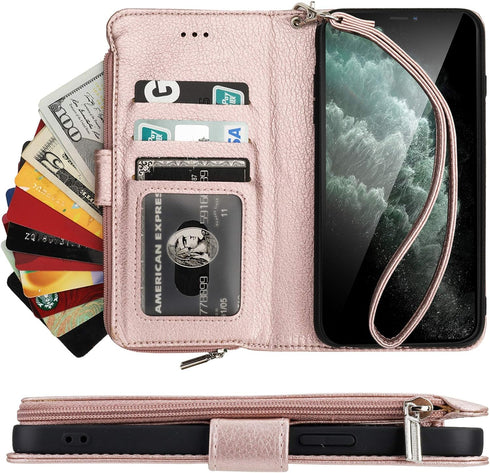 KIHUWEY Compatible with iPhone 12 Pro Max Wallet Case Premium Leather Zipper with Card Holder and Wrist Strap,Kickstand and Protective Lanyard Pur...